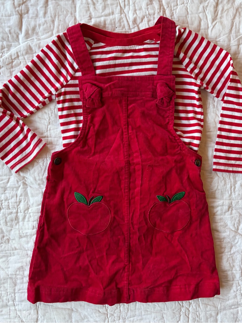 Isaac Mizrahi Red Apple Pinafore with Red & White Striped Shirt